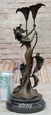 Tulipe Jeune Fille Chandelier Statue Bronze Art Déco Bougeoir Sculpture