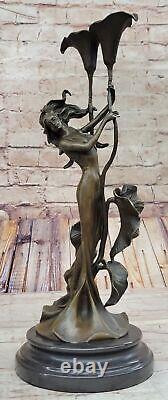 Tulipe Jeune Fille Chandelier Statue Bronze Art Déco Bougeoir Sculpture