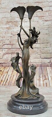 Tulipe Jeune Fille Chandelier Statue Bronze Art Déco Bougeoir Sculpture