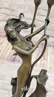 Tulipe Jeune Fille Chandelier Statue Bronze Art Déco Bougeoir Sculpture